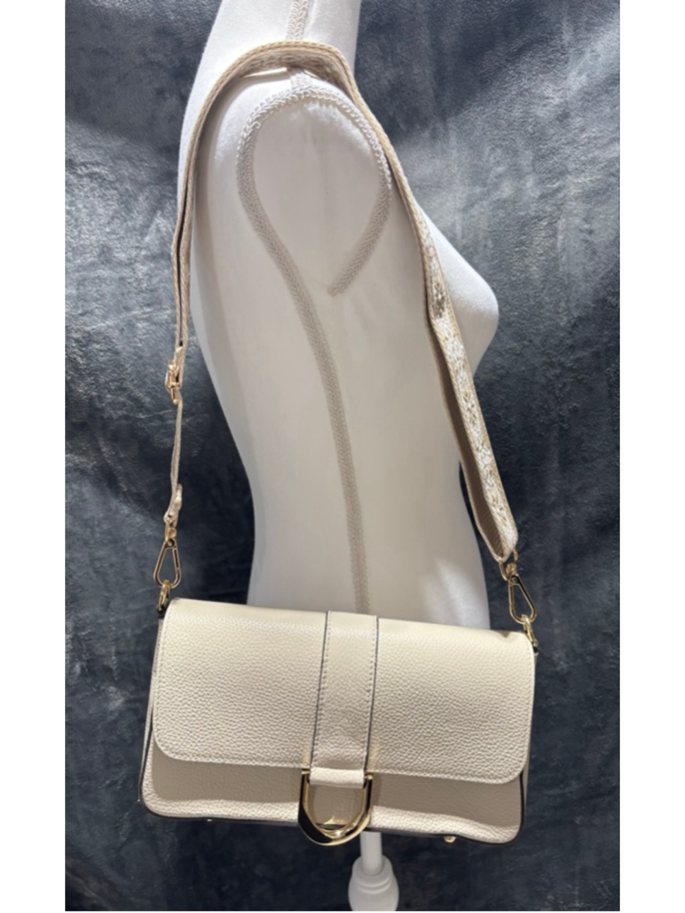 Divina Firenze Ivory Italian Leather Flap Bagette w/Substitute Embroidered Strap